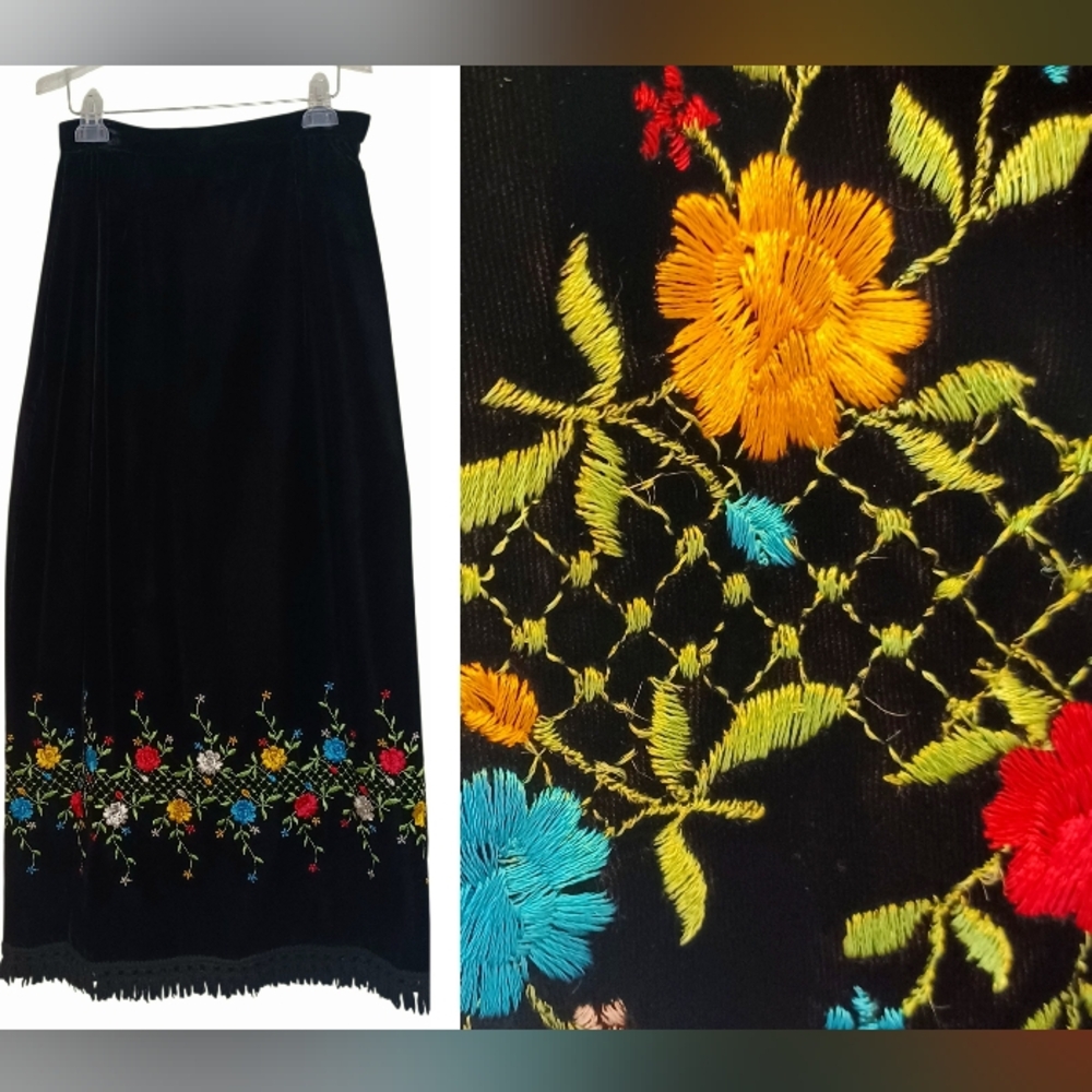 VTG Malbe Velvet Boho Multicolor Embroidered Fringe Trim Maxi Skirt Sz 9-10 RARE